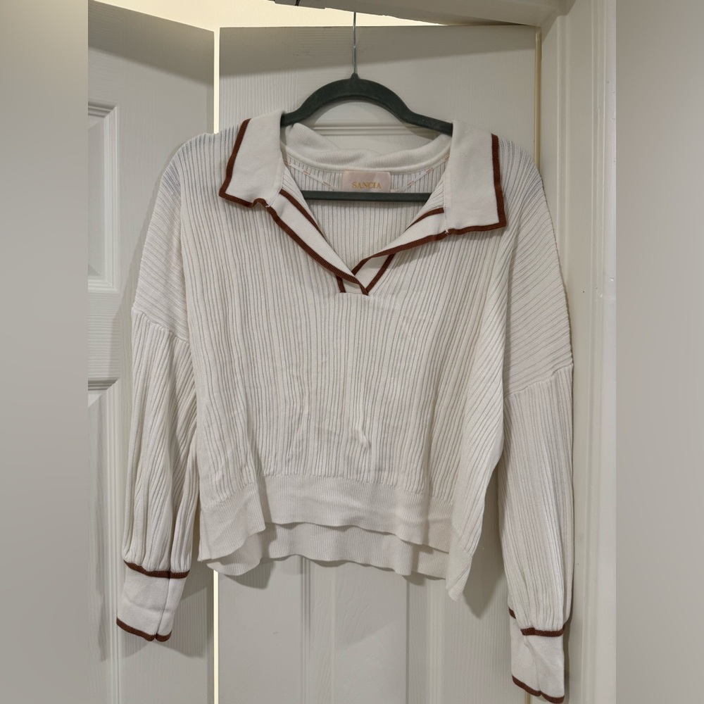 Women's V-Neck Sweater - White with Brown Trim